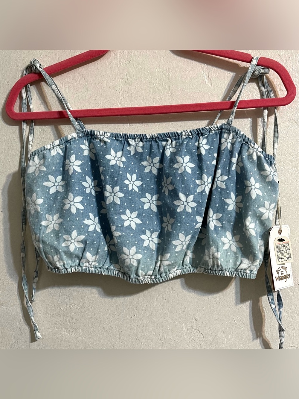 Wrangler Billabong Blue Floral Denim-Style Tie-Strap Crop Top lightweight fabric